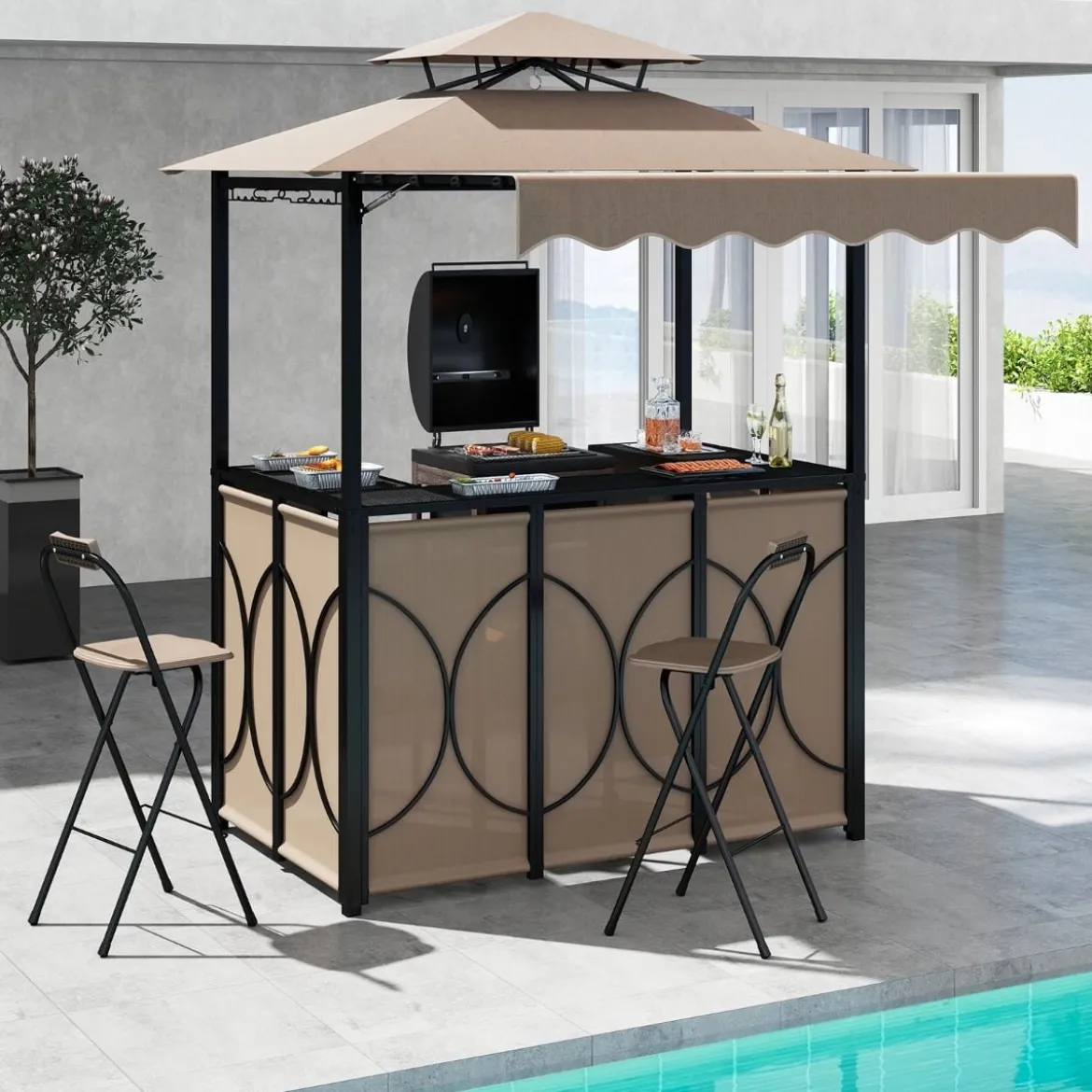 Wetterfester Grillpavillon mit Bar & 2 Barhockern Gartenpavillon mit Doppeldach & Markise Braun