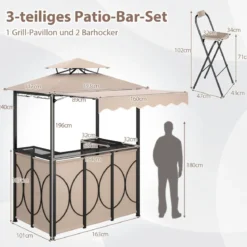 Wetterfester Grillpavillon mit Bar & 2 Barhockern Gartenpavillon mit Doppeldach & Markise Braun