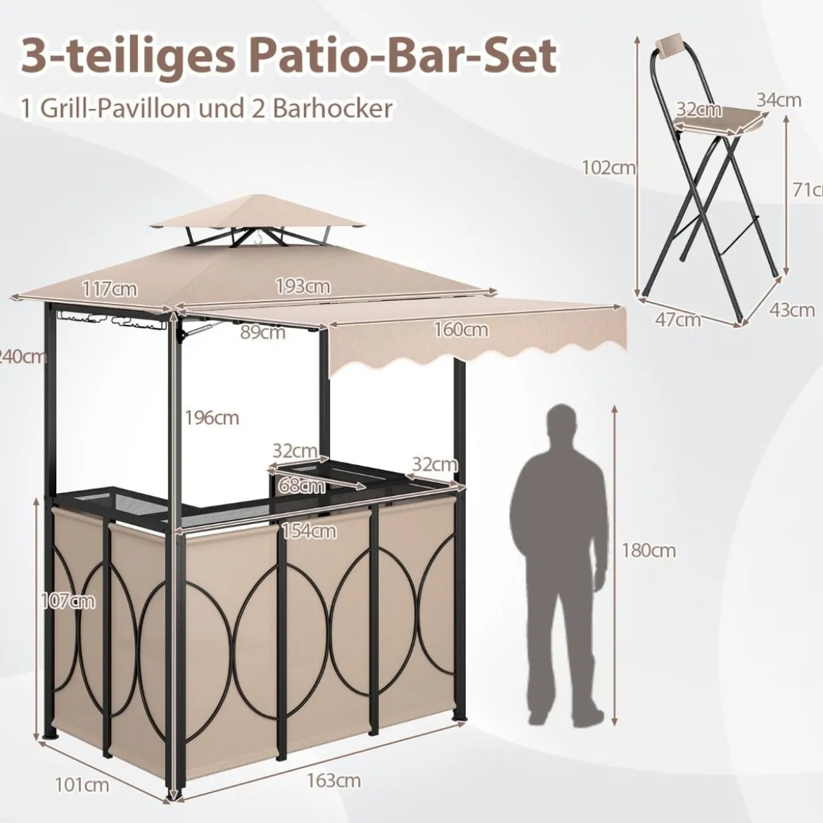 Wetterfester Grillpavillon mit Bar & 2 Barhockern Gartenpavillon mit Doppeldach & Markise Braun