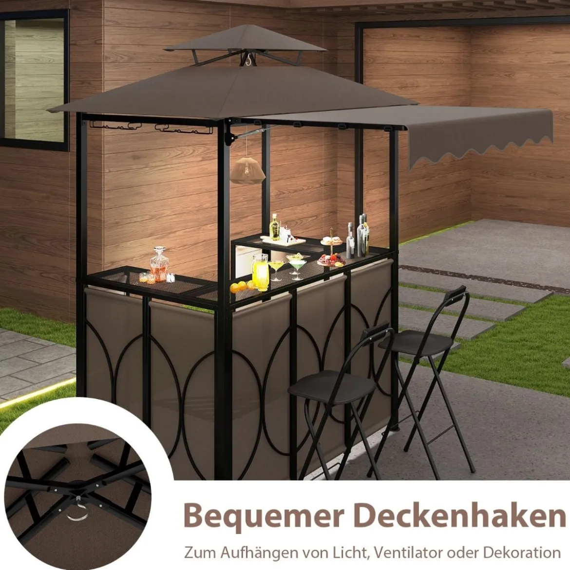 Wetterfester Grillpavillon mit Bar & 2 Barhockern Gartenpavillon mit Doppeldach & Markise Braun