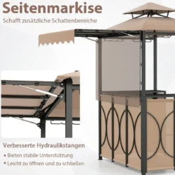 Wetterfester Grillpavillon mit Bar & 2 Barhockern Gartenpavillon mit Doppeldach & Markise Braun