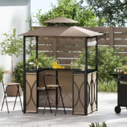 Wetterfester Grillpavillon mit Bar & 2 Barhockern Gartenpavillon mit Doppeldach & Markise Braun