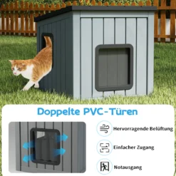 Wetterfestes Kunststoff-Katzenhaus Wildtier-Schutzhaus mit 2 PVC-Türen & Geneigtem Dach