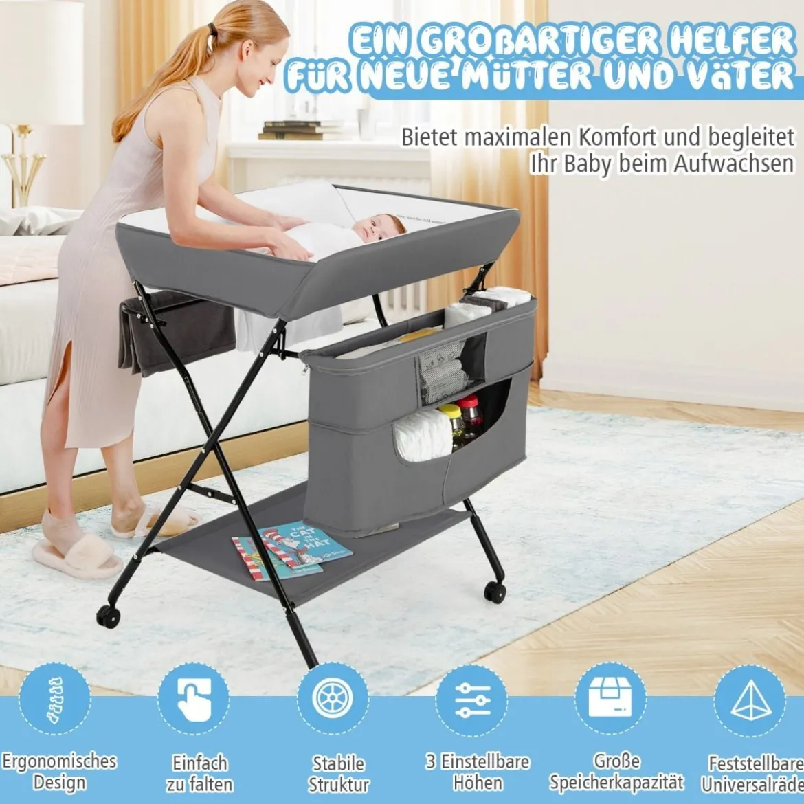 WickelstationZusammenklappbarer Wickeltisch für Babys mit Rädern Grau