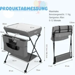 WickelstationZusammenklappbarer Wickeltisch für Babys mit Rädern Grau