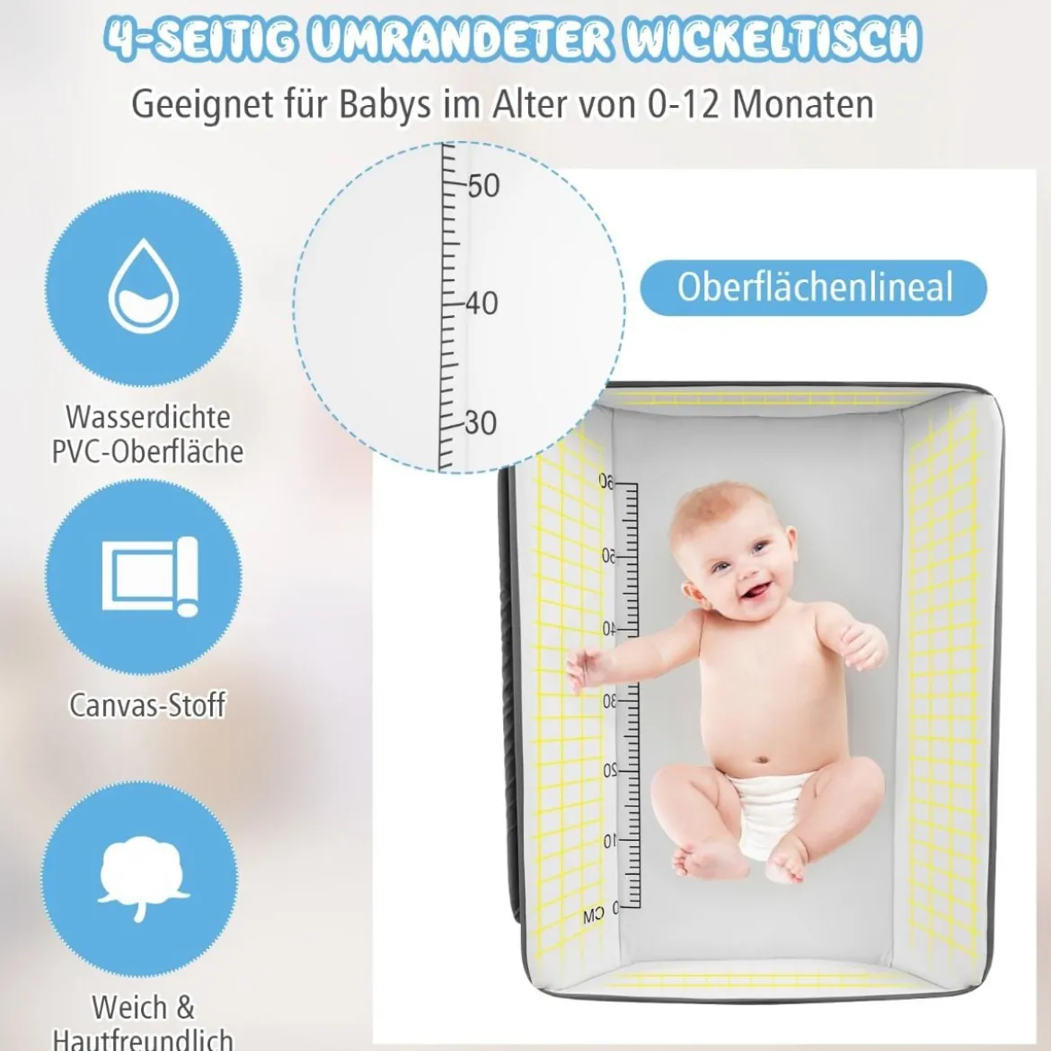 WickelstationZusammenklappbarer Wickeltisch für Babys mit Rädern Grau