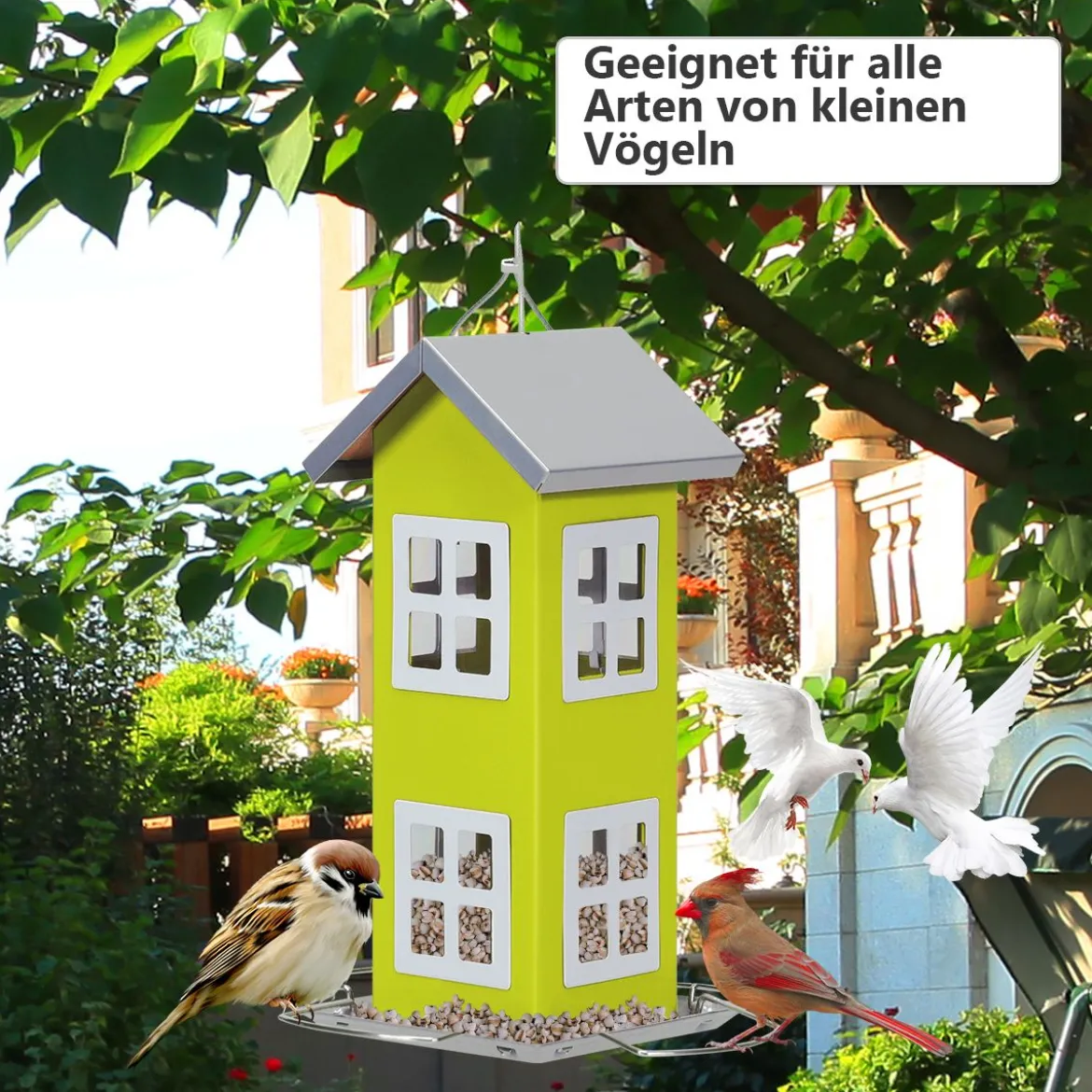 Wildvogel-Futterautomat Hängende Vogelfutterstation Vogelfutterspender Futterhaus 26x12x12cm Grün