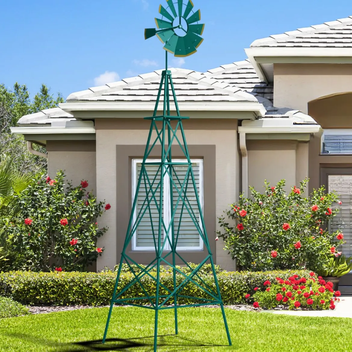 Windrad aus Metall mit 4 Stützbeinen Wetterfeste Windmühle für Garten Hof 67 x 67 x 253 cm Grün