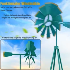 Windrad aus Metall mit 4 Stützbeinen Wetterfeste Windmühle für Garten Hof 67 x 67 x 253 cm Grün