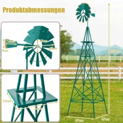 Windrad aus Metall mit 4 Stützbeinen Wetterfeste Windmühle für Garten Hof 67 x 67 x 253 cm Grün