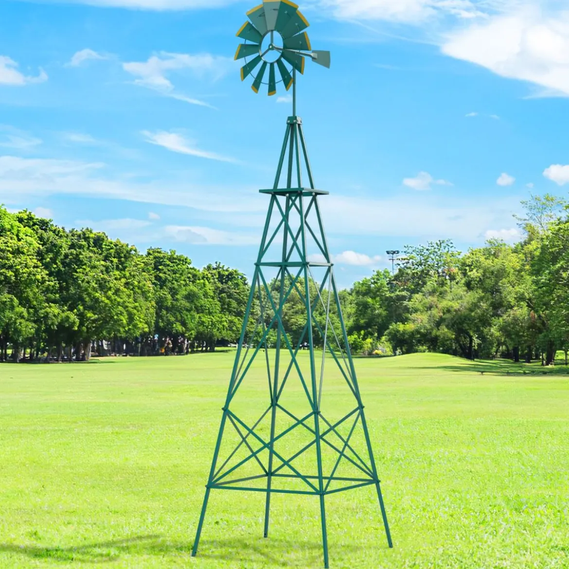 Windrad aus Metall mit 4 Stützbeinen Wetterfeste Windmühle für Garten Hof 67 x 67 x 253 cm Grün