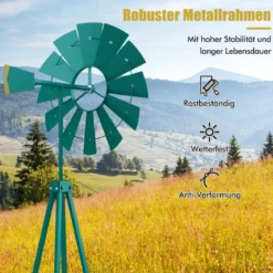 Windrad aus Metall mit 4 Stützbeinen Wetterfeste Windmühle für Garten Hof 67 x 67 x 253 cm Grün