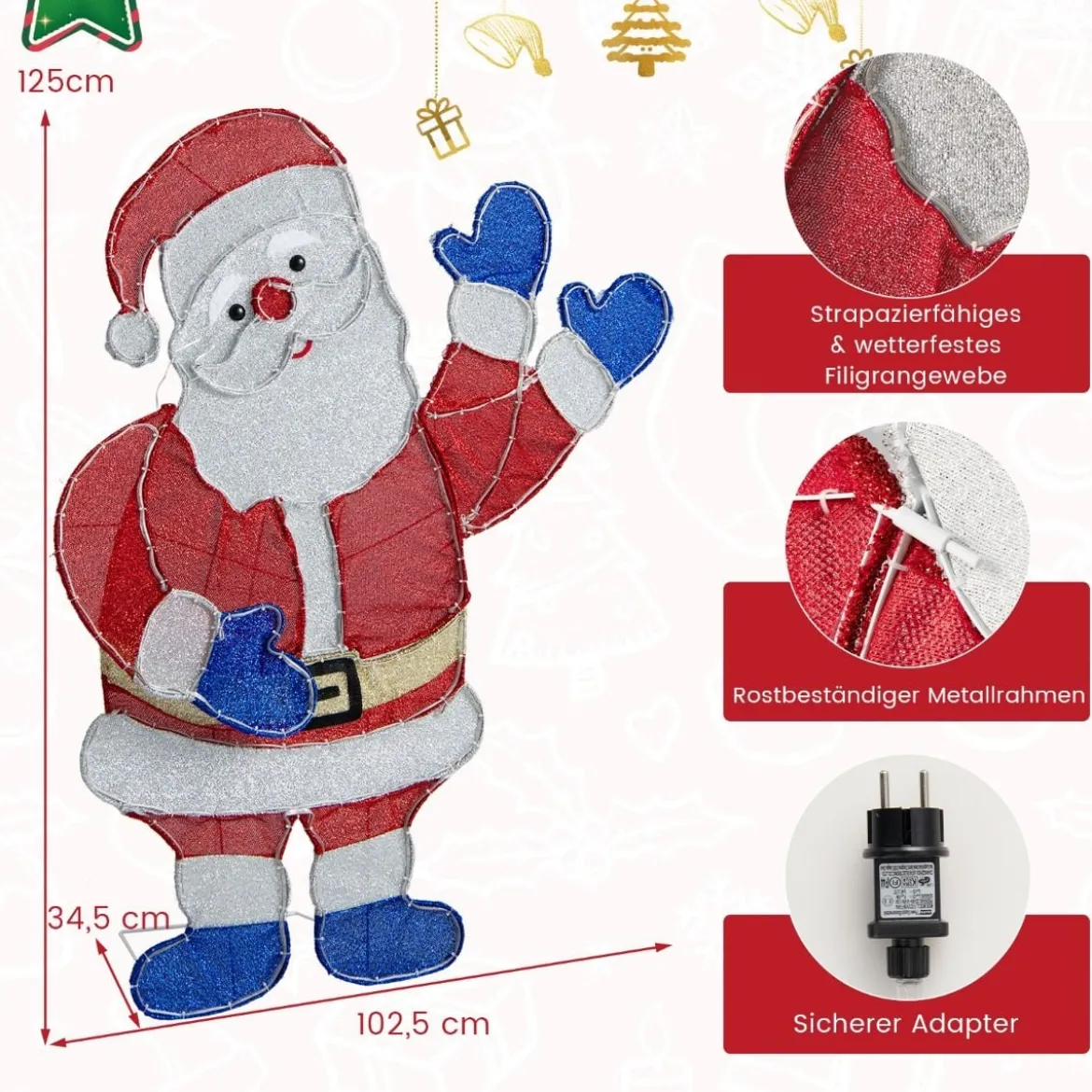 Winkender Weihnachtsmann 125 cm große beleuchtete Santa-Claus-Figur