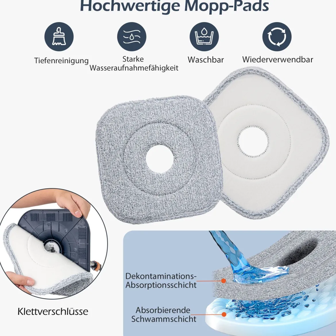 Wischmopp und Eimersystem mit Abwassertrennung mit 6 Ersatz-Moppköpfe Blau