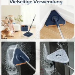 Wischmopp und Eimersystem mit Abwassertrennung mit 6 Ersatz-Moppköpfe Blau