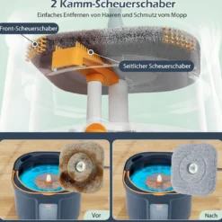 Wischmopp und Eimersystem mit Abwassertrennung mit 6 Ersatz-Moppköpfe Blau