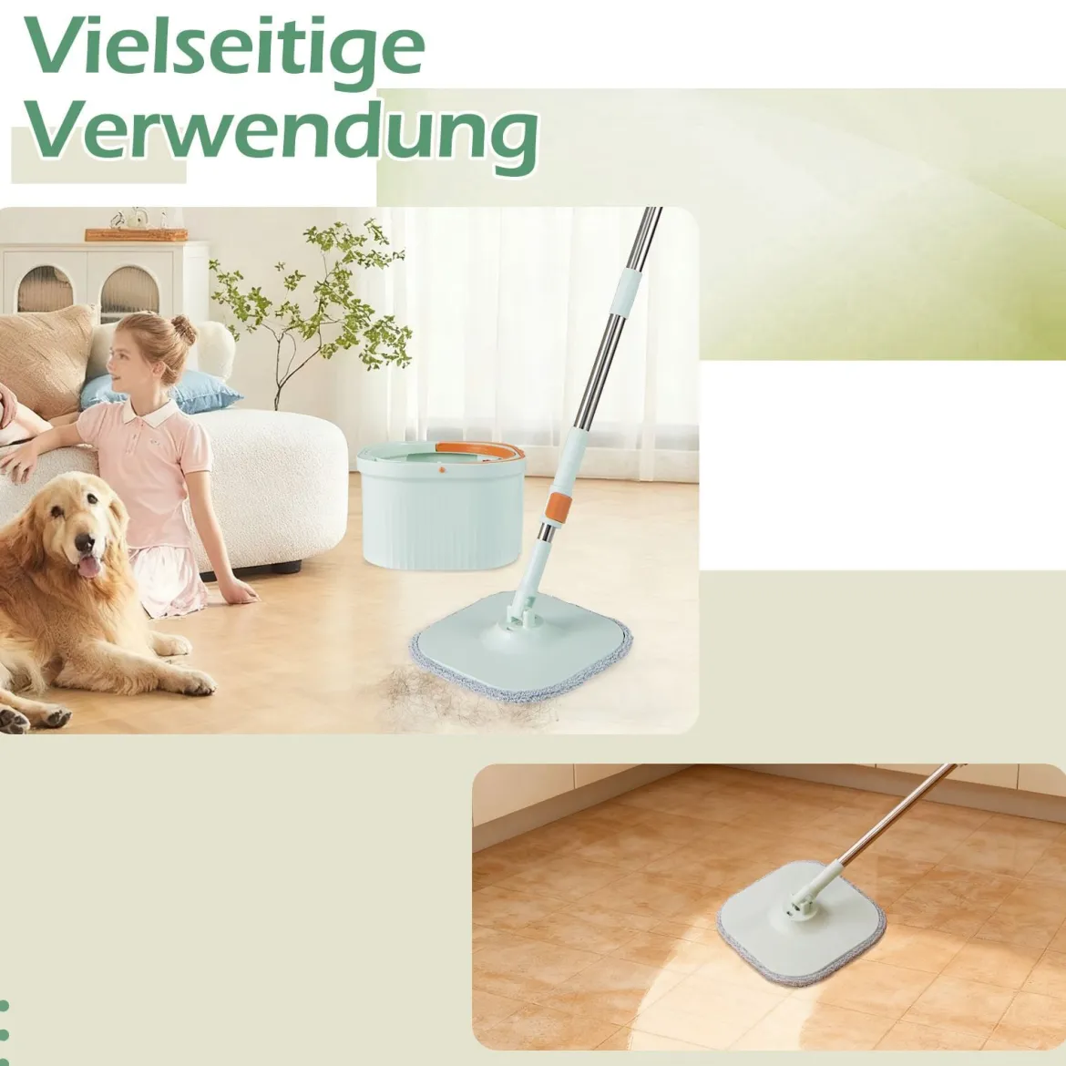 Wischmopp und Eimersystem mit Auswringfunktion & Abwassertrennung mit 6 Ersatz-Moppköpfe Grün