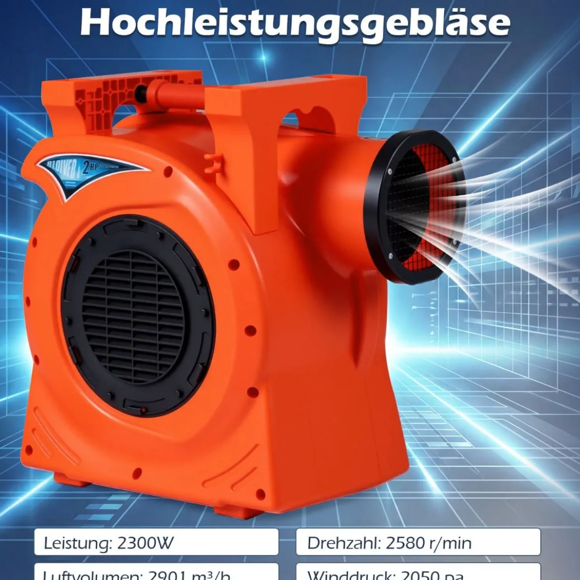 2300W Kommerzielles Luftgebläse mit 2-PS-Motor & Griff Gebläsepumpe Elektrischer Standventilator