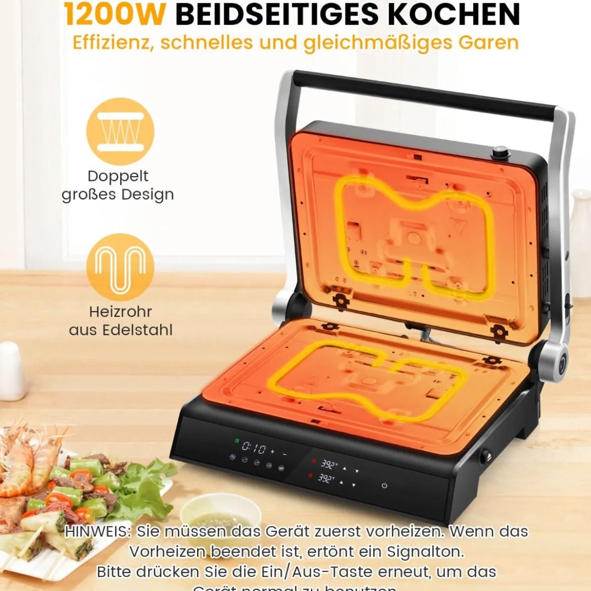 1200W Kontaktgrill mit LED-Anzeige & 4-Stunden-Timer & 2 Abnehmbare Grillplatten Elektrogrill