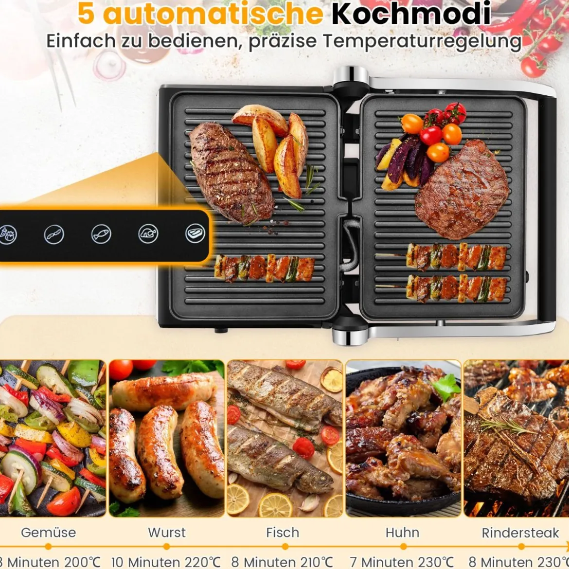 1200W Kontaktgrill mit LED-Anzeige & 4-Stunden-Timer & 2 Abnehmbare Grillplatten Elektrogrill