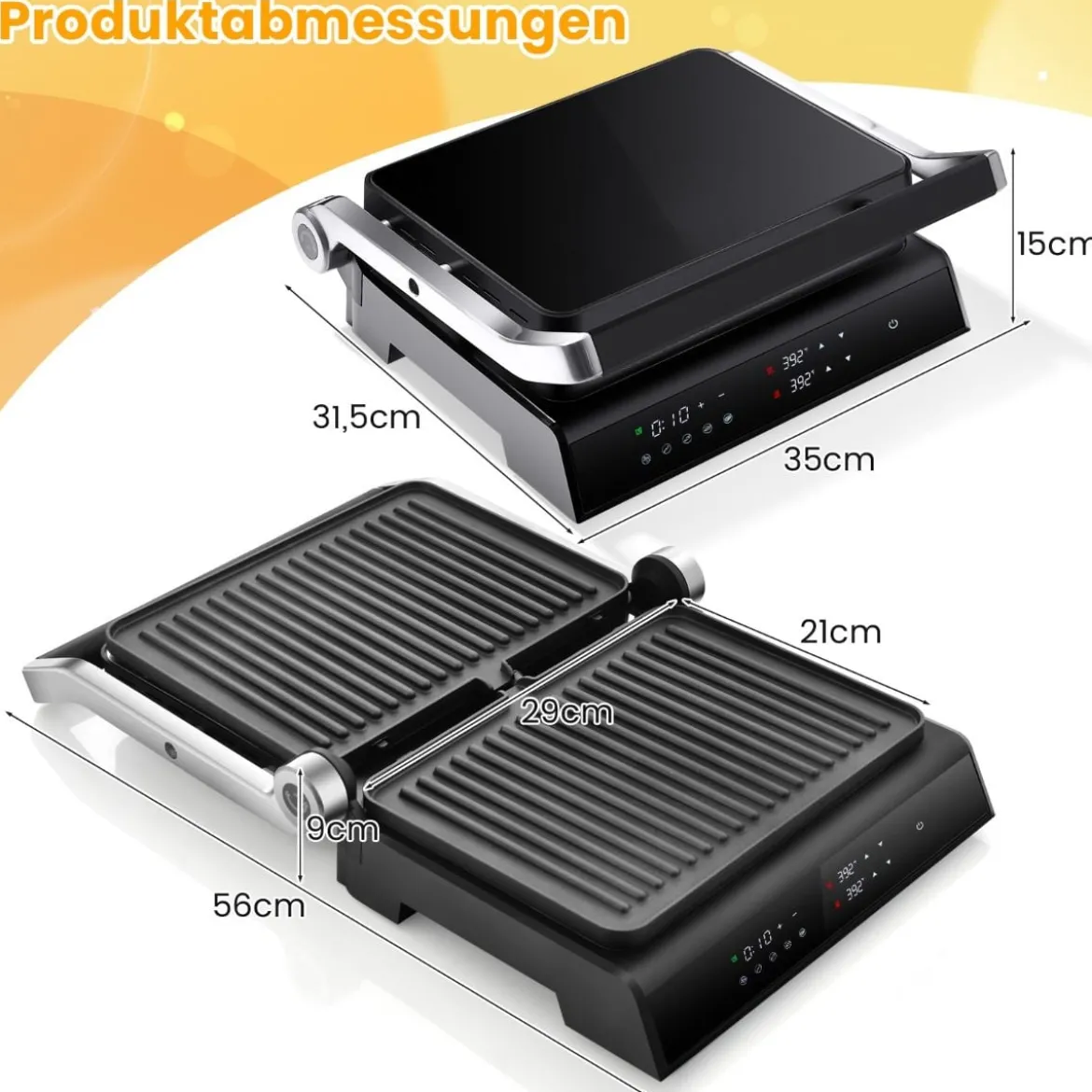 1200W Kontaktgrill mit LED-Anzeige & 4-Stunden-Timer & 2 Abnehmbare Grillplatten Elektrogrill