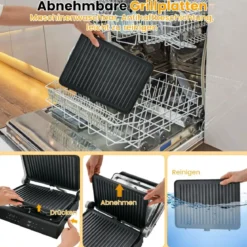 1200W Kontaktgrill mit LED-Anzeige & 4-Stunden-Timer & 2 Abnehmbare Grillplatten Elektrogrill