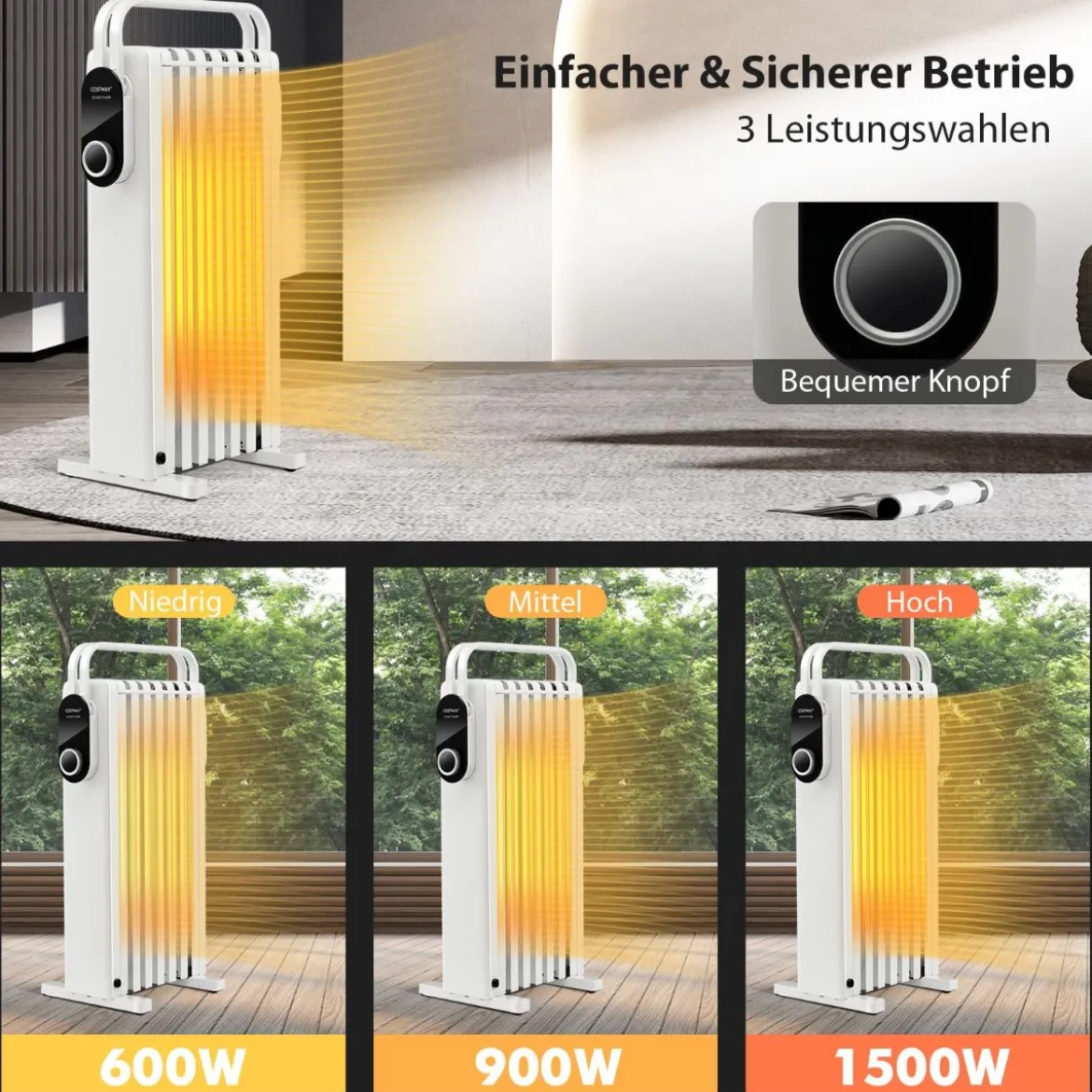 1500W Ölradiator 7 Rippen Heizkörper mit 3 Heizstufen Energiesparung & Überhitzungsschutz Weiß