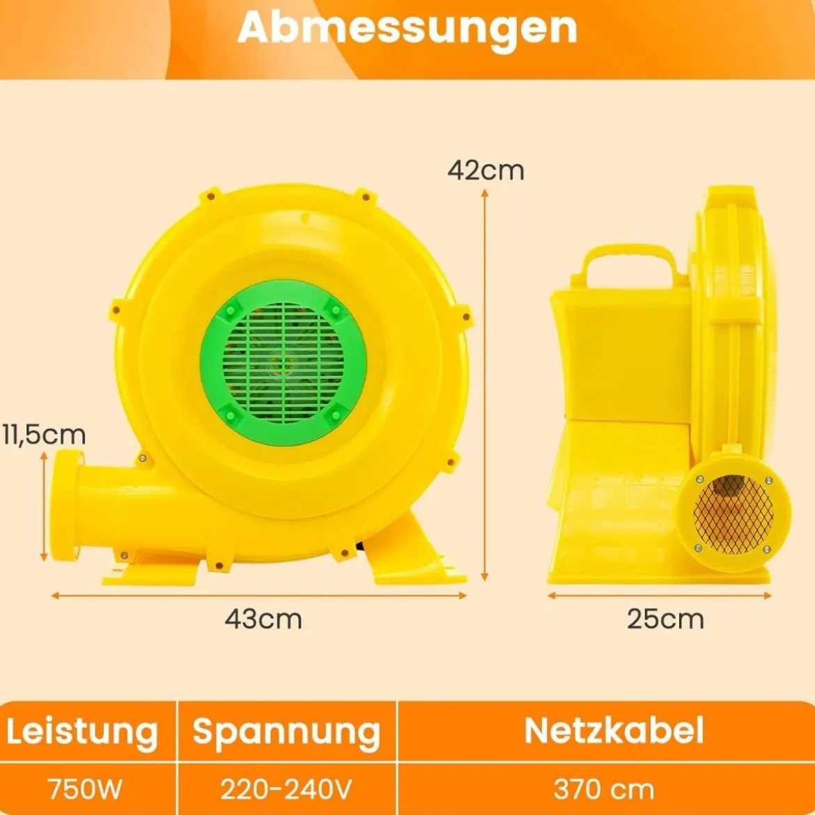 750W Luftgebläse tragbarer Luftpumpenventilator mit praktischem Griff & Erdspießen Gelb