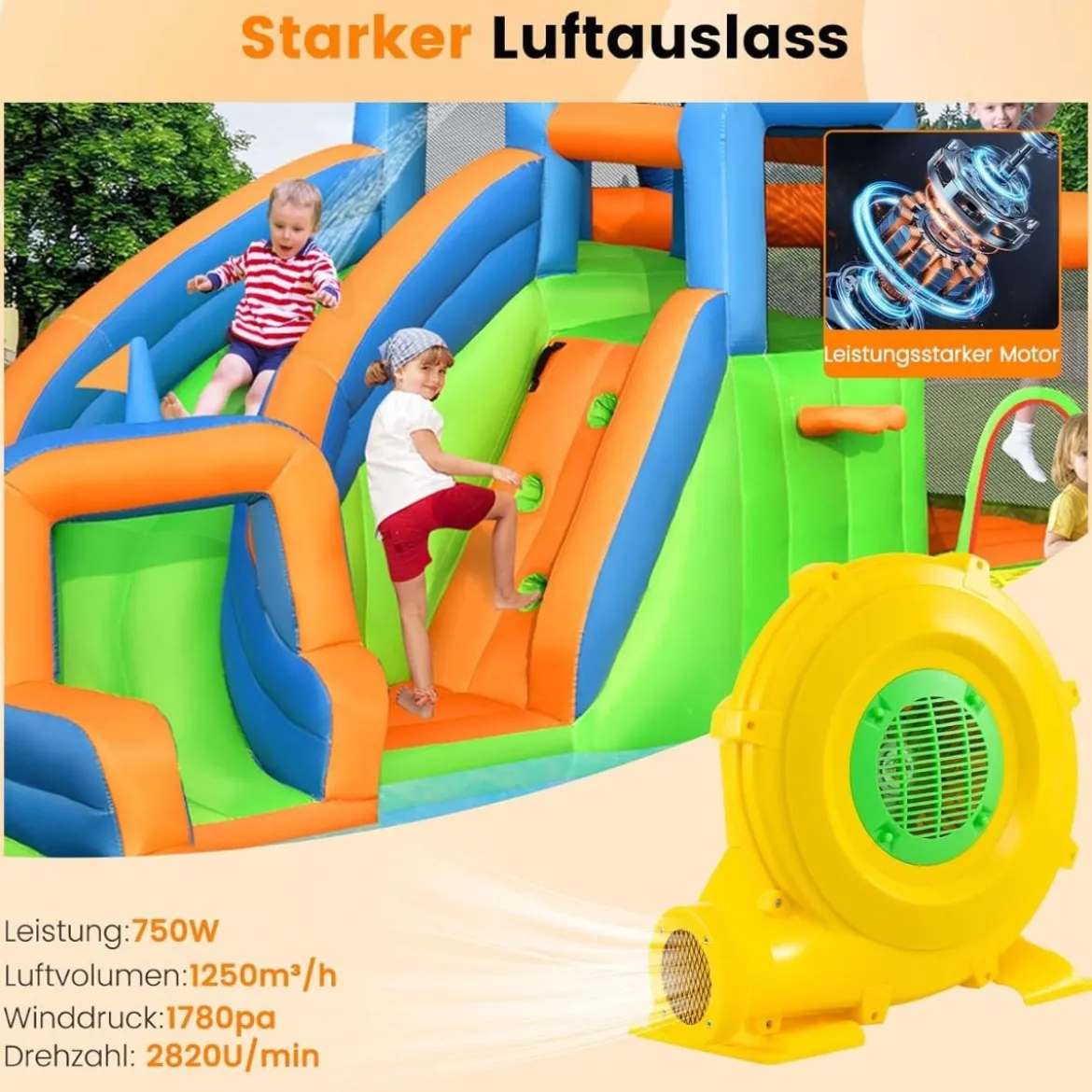 750W Luftgebläse tragbarer Luftpumpenventilator mit praktischem Griff & Erdspießen Gelb