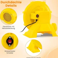 750W Luftgebläse tragbarer Luftpumpenventilator mit praktischem Griff & Erdspießen Gelb