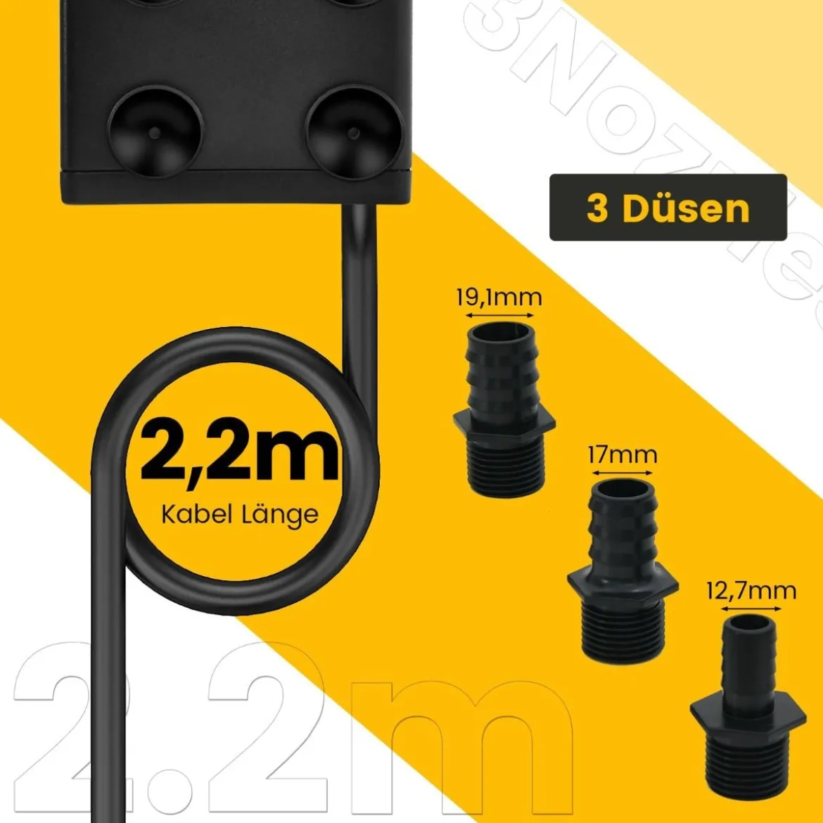 22 W Mini Aquarium Pumpe mit 2,2 m Hohem Hub & 1,83 m Netzkabel & 3 Düsen Wasserpumpe 900 L/h