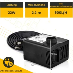 22 W Mini Aquarium Pumpe mit 2,2 m Hohem Hub & 1,83 m Netzkabel & 3 Düsen Wasserpumpe 900 L/h