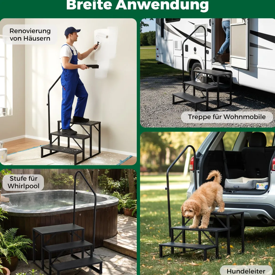 Wohnmobil-Treppe mit Handlauf Schwerlast-Treppenstufe für Whirlpool mit breiten rutschfesten Plattformen Schwarz