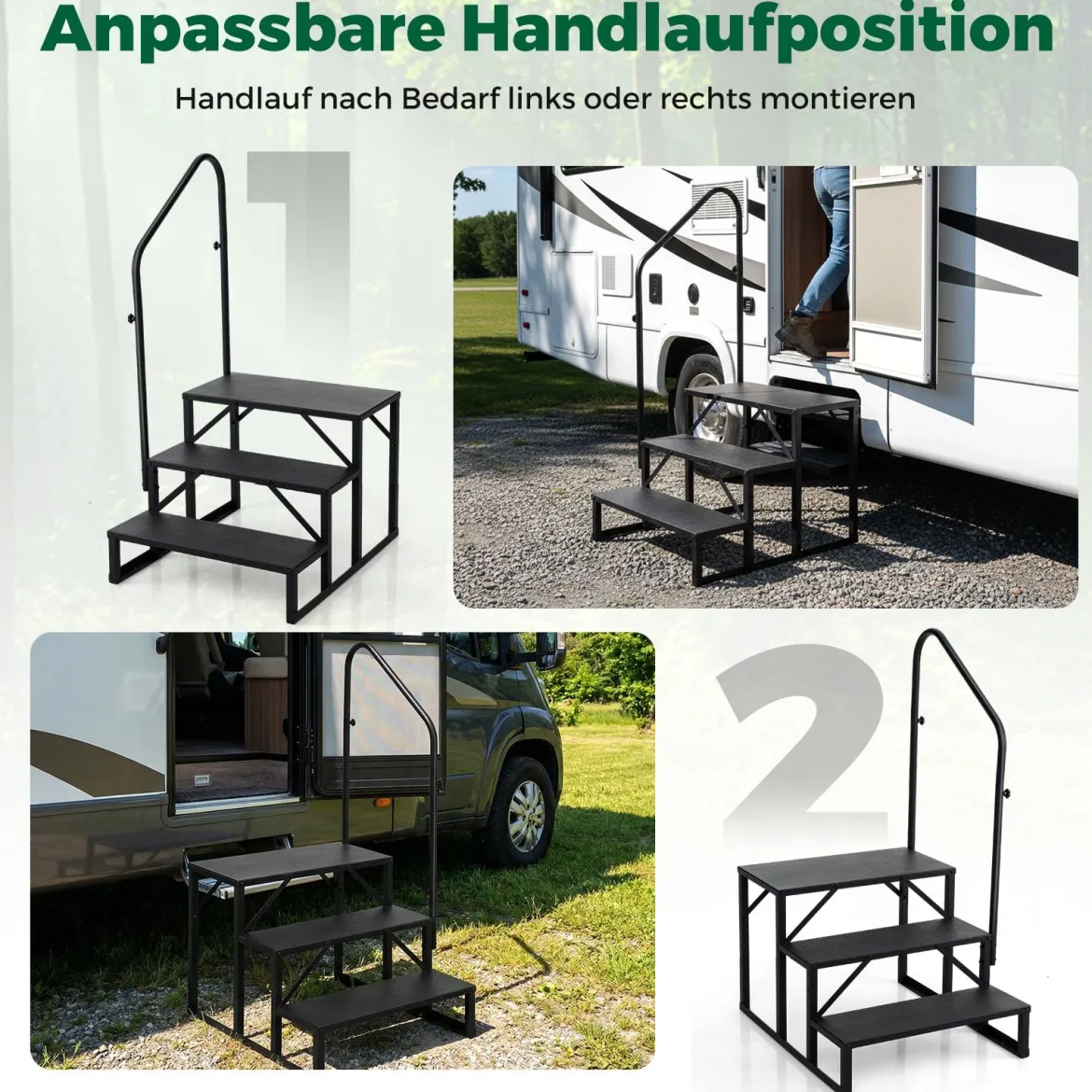 Wohnmobil-Treppe mit Handlauf Schwerlast-Treppenstufe für Whirlpool mit breiten rutschfesten Plattformen Schwarz