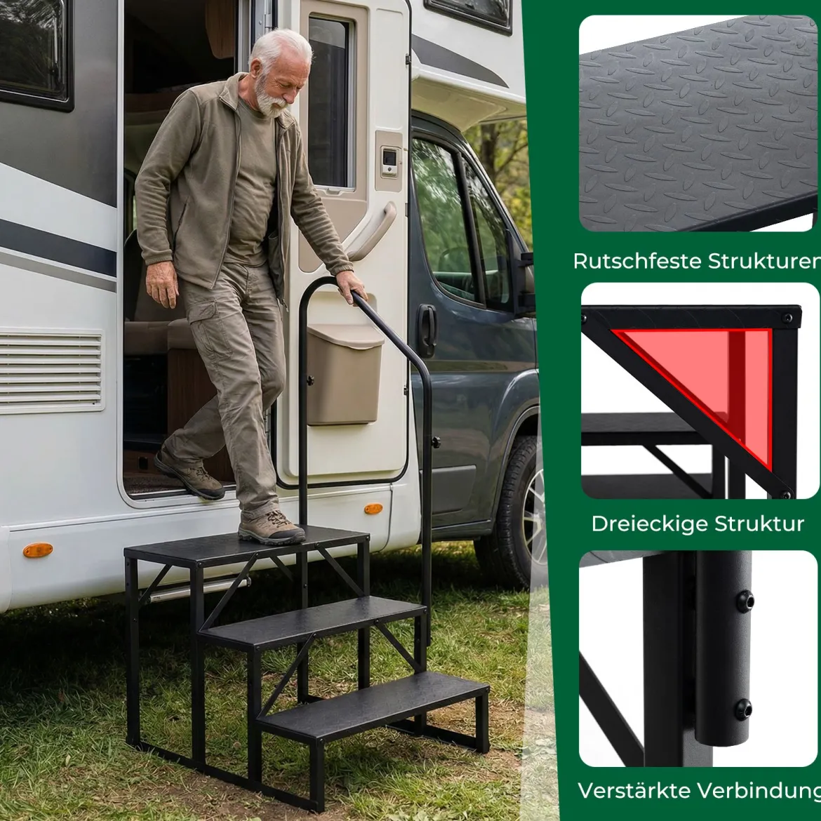 Wohnmobil-Treppe mit Handlauf Schwerlast-Treppenstufe für Whirlpool mit breiten rutschfesten Plattformen Schwarz