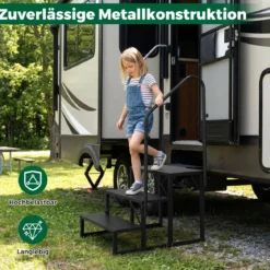 Wohnmobil-Treppe mit Handlauf Schwerlast-Treppenstufe für Whirlpool mit breiten rutschfesten Plattformen Schwarz