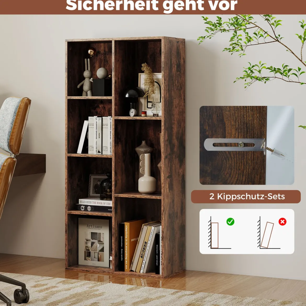 7-Würfel-Bücherregal freistehendes Würfelregal vertikal oder horizontal mit 7 Fächern Aufbewahrungregal Rustikal Braun