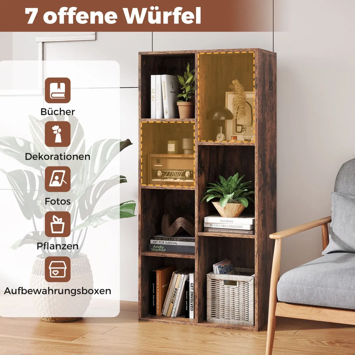 7-Würfel-Bücherregal freistehendes Würfelregal vertikal oder horizontal mit 7 Fächern Aufbewahrungregal Rustikal Braun