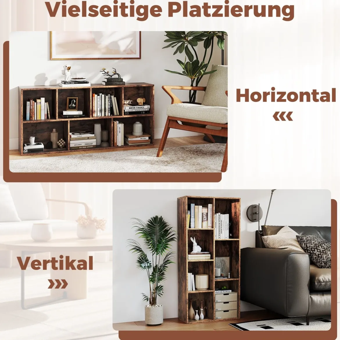 7-Würfel-Bücherregal freistehendes Würfelregal vertikal oder horizontal mit 7 Fächern Aufbewahrungregal Rustikal Braun