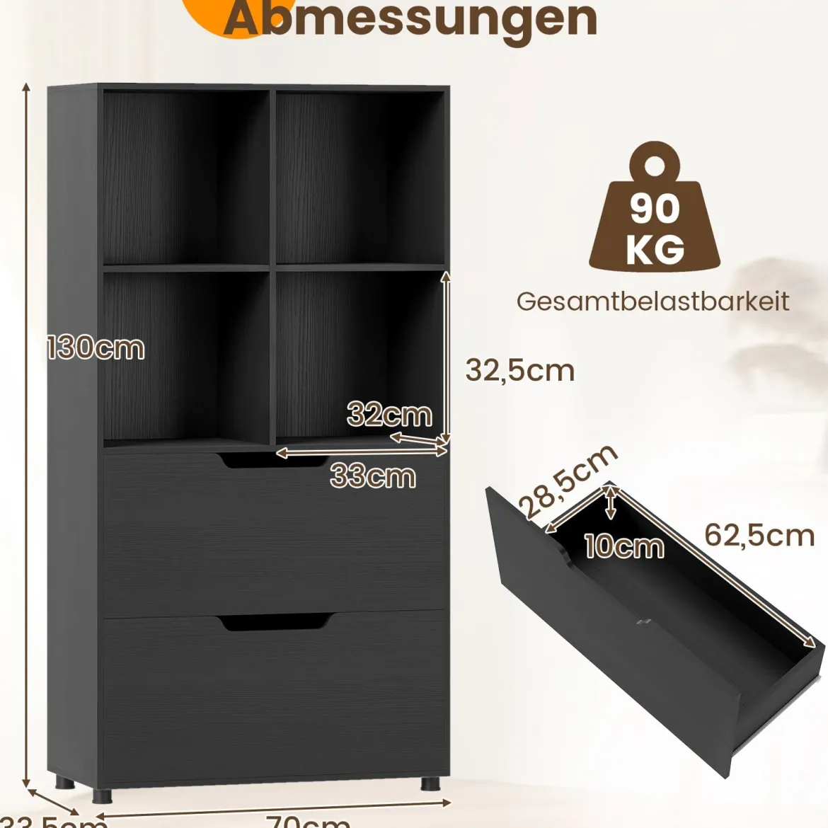 4-Würfel Bücherregal mit 2 Schubladen 130 cm 5-stufiges freistehendes Regal Schwarz