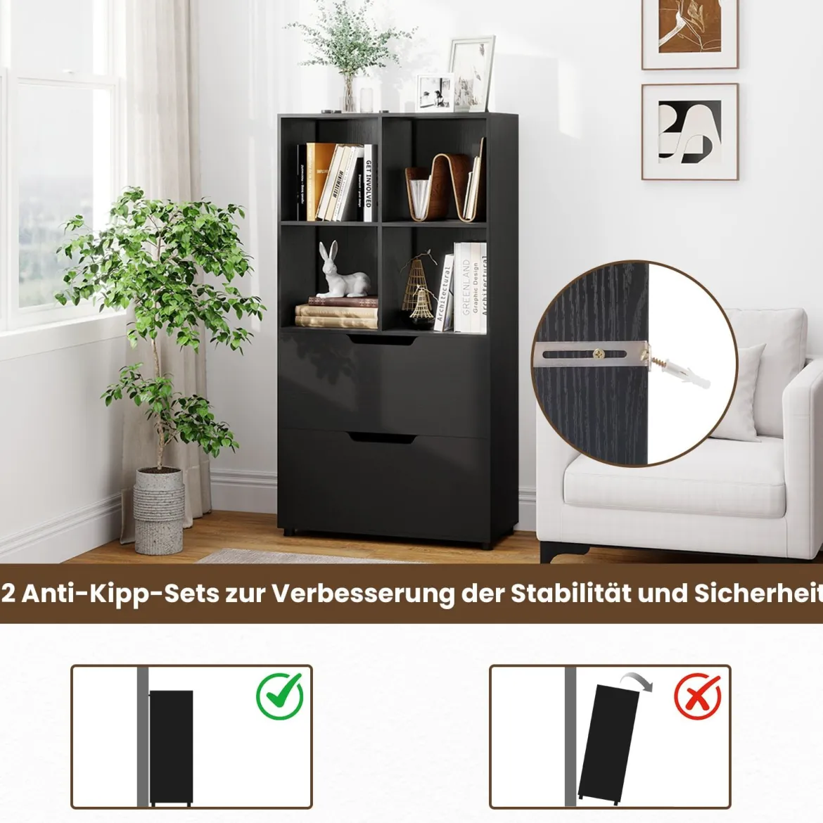 4-Würfel Bücherregal mit 2 Schubladen 130 cm 5-stufiges freistehendes Regal Schwarz