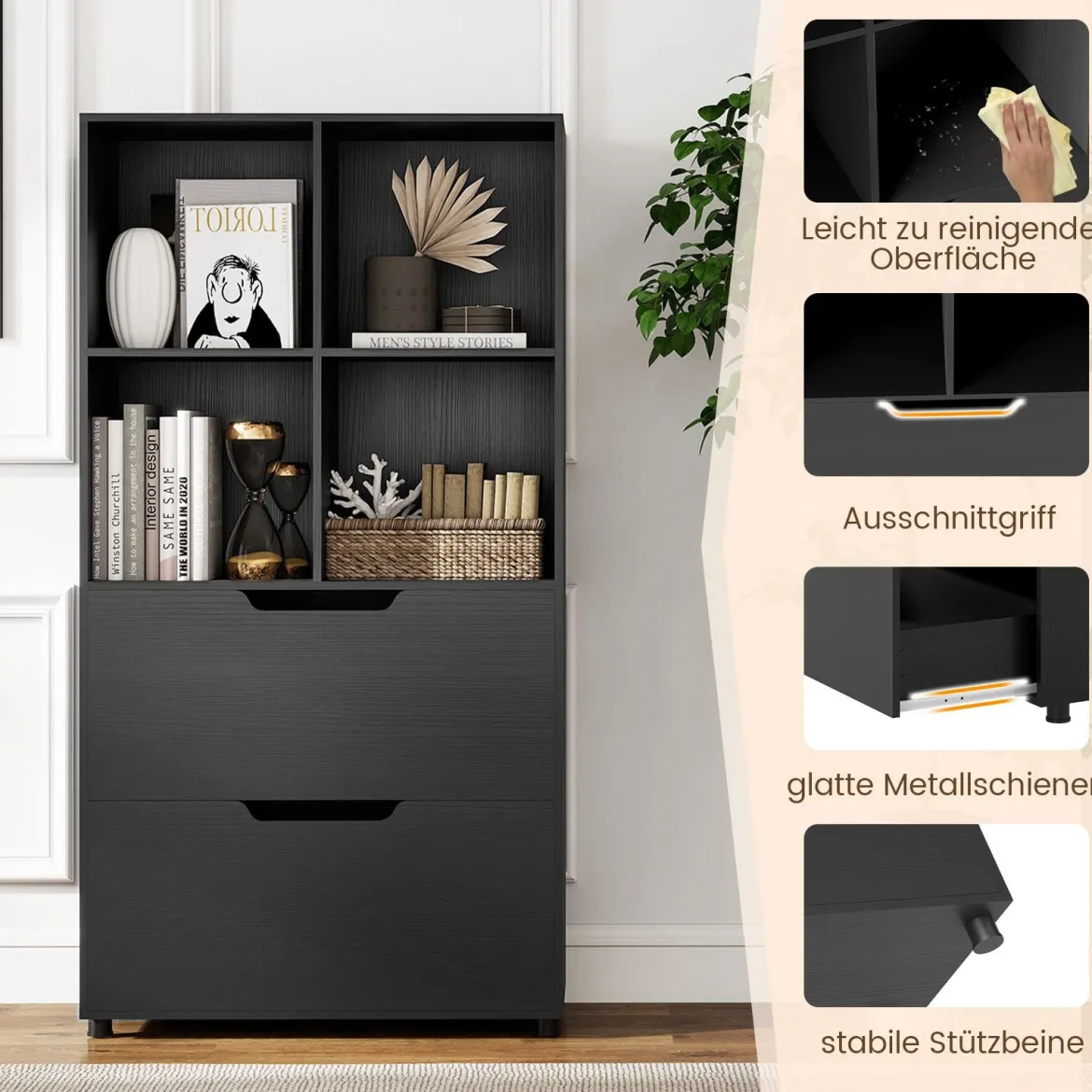 4-Würfel Bücherregal mit 2 Schubladen 130 cm 5-stufiges freistehendes Regal Schwarz