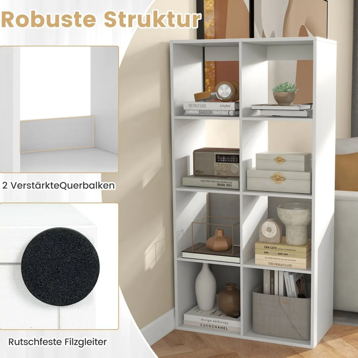 8-Würfel Bücherregal modernes Würfelregal mit Rückwand-Schutzgeländer & Kippschutz-Set 69,5 x 33 x 137 cm Weiß