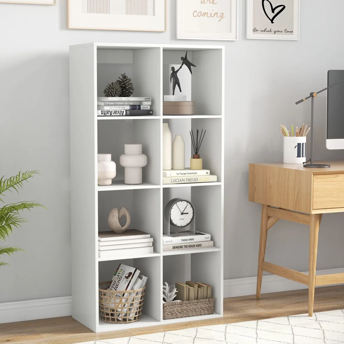 8-Würfel Bücherregal modernes Würfelregal mit Rückwand-Schutzgeländer & Kippschutz-Set 69,5 x 33 x 137 cm Weiß