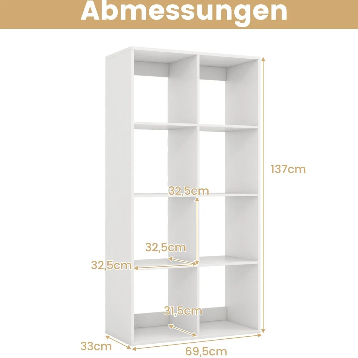 8-Würfel Bücherregal modernes Würfelregal mit Rückwand-Schutzgeländer & Kippschutz-Set 69,5 x 33 x 137 cm Weiß