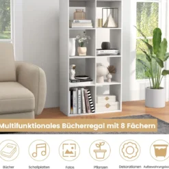 8-Würfel Bücherregal modernes Würfelregal mit Rückwand-Schutzgeländer & Kippschutz-Set 69,5 x 33 x 137 cm Weiß