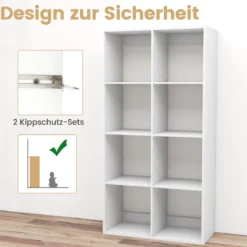 8-Würfel Bücherregal modernes Würfelregal mit Rückwand-Schutzgeländer & Kippschutz-Set 69,5 x 33 x 137 cm Weiß