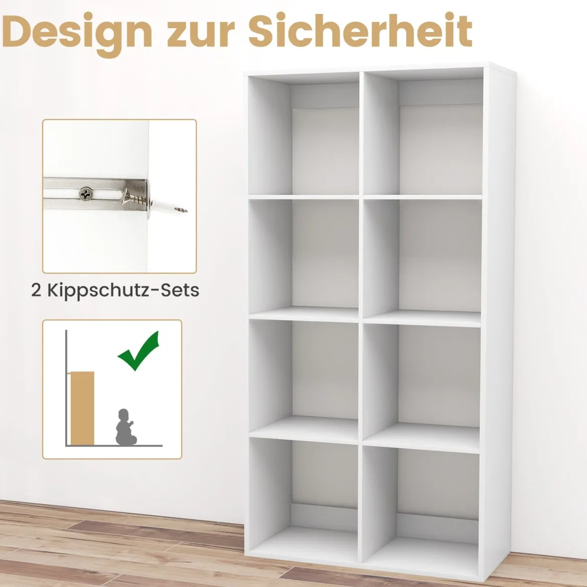 8-Würfel Bücherregal modernes Würfelregal mit Rückwand-Schutzgeländer & Kippschutz-Set 69,5 x 33 x 137 cm Weiß