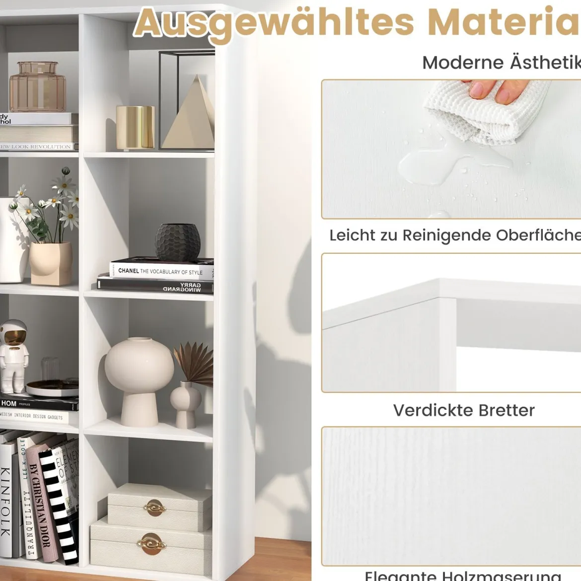 8-Würfel Bücherregal modernes Würfelregal mit Rückwand-Schutzgeländer & Kippschutz-Set 69,5 x 33 x 137 cm Weiß