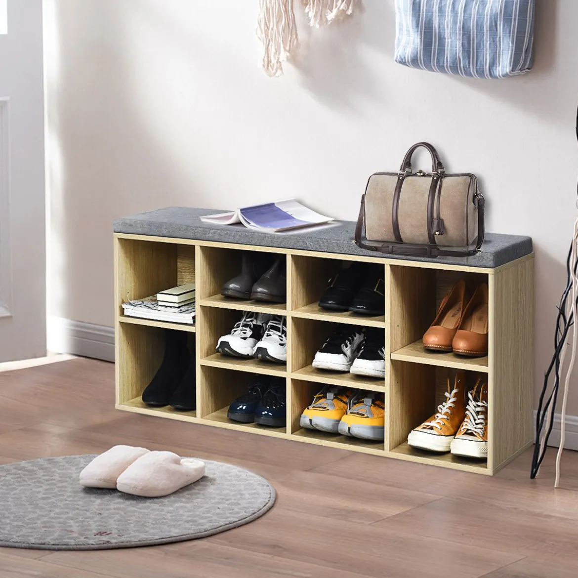 Würfelregal mit 10 Fächern Schuhbank Schuhablage Schuhschrank 104 x 30 x 48 cm Natur
